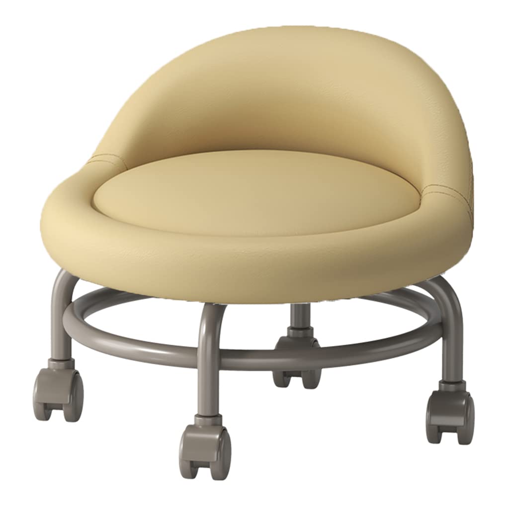 LMMIAOZ Yellow PU Leather Rolling Stool with Back Support and Swivel Caster Wheels Ottoman Footstool Roller Seat for Short Stature Easy Mobility and Comfort