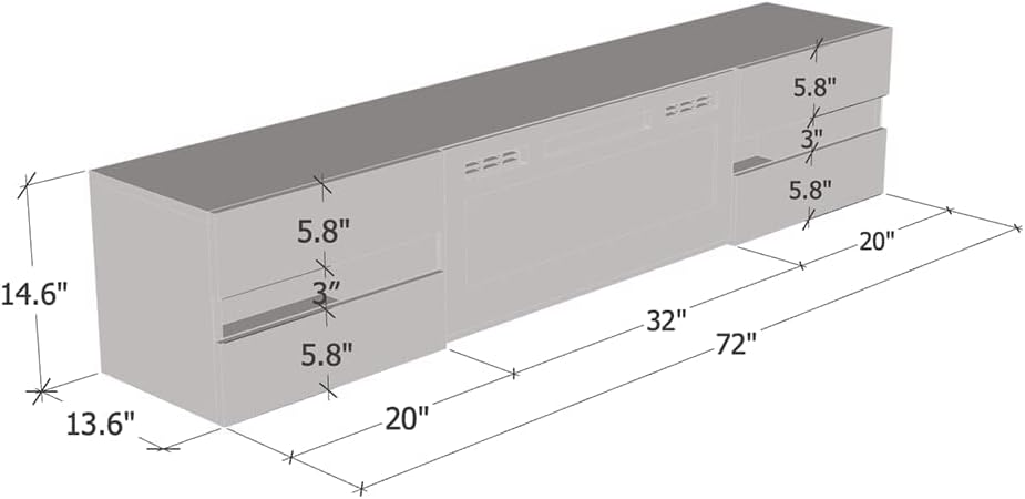 Diagram showing the dimensions of the Meble Furniture Metro WH-EF TV Stand, including overall length (72 inches), depth (13.6 inches), height (14.6 inches), and internal compartment dimensions.