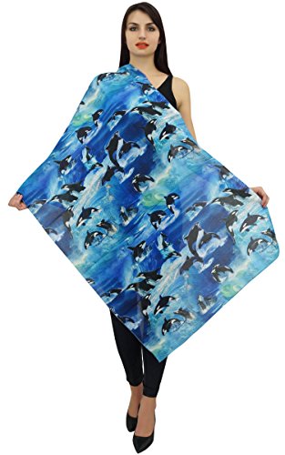 100% Cotton Lightweight, Shawl, Scarves Dolphin Fish Printed Women Neck Wrap Long Scarf-28x72 Inches2