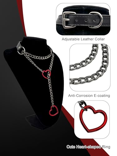 Black Leather Choker Collar For Women, Handmade Heart Slip Chain Choker Long Necklace with Adjustable Buckle4