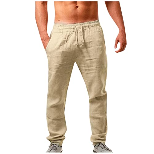 Mens Casual Cotton Linen Pants Elastic Waist Lightweight Loose Fit Summer Cotton Beach Yoga Trousers