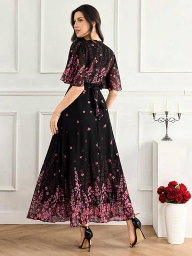 Image of Women's Georgette Dresses Floral Printed One Piece | V Neck Flutter Sleeve Casual Summer Dress with Belt | Elegant Office Wear & Party Dress