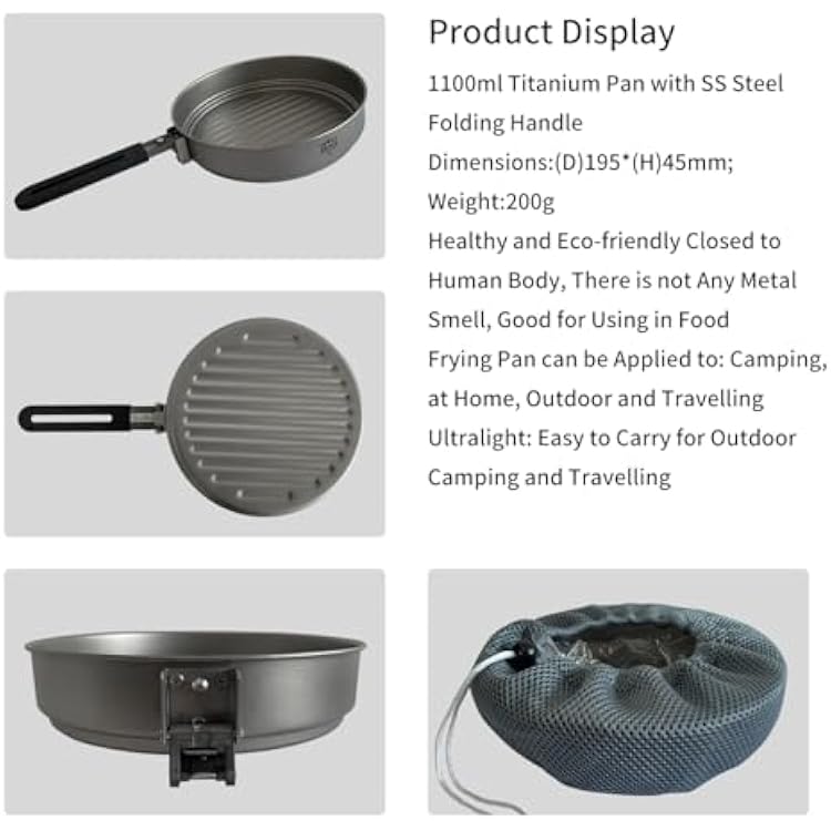 KAPILA 1100ml Titanium Frying Pan with Stainless Steel Folding Handle Camping Pot Titanium Camping Pot Titanium Cookware Backpacking (1100ml)