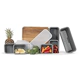 TidyBoard Meal Prep System Starter - Over-the-Sink Smart Chopping Board with 1 Large Strainer, Tubs, & Lids - 1” Thick Acacia Wood Cutting Board with Containers & Strainer, 12 pieces