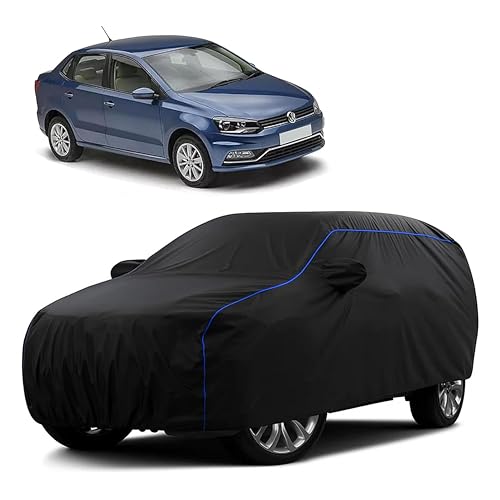 Image of Sulfar 100% Water Resistant Car Body Cover Compatible with Mirror for Volkswagen Ameo (Triple Stitched, Full Bottom Elastic, Black Tafetta with Blue Piping)
