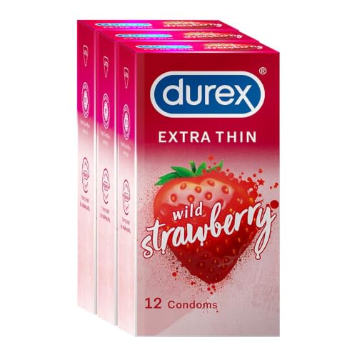 Image of Durex Extra Thin Intense Wild Strawberry Flavoured Condoms For Men -12s (Pack of 3)