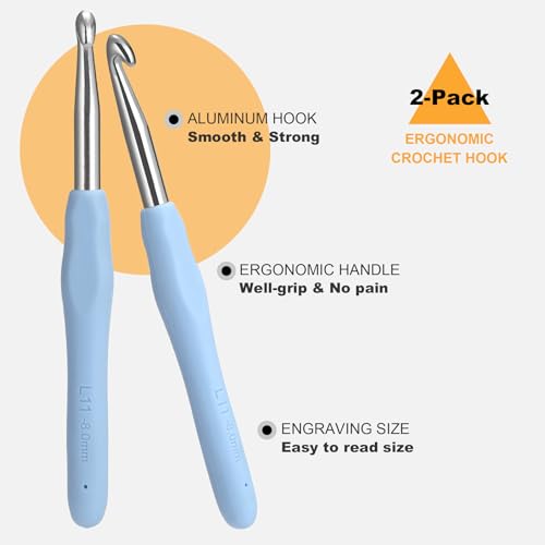 Image of 2Pcs 8.0mm Crochet Hooks, Ergonomic Crochet Hook for Arthritis and Beginners, Extra Long, Smooth, Comfortable (Size L / 8.0mm)