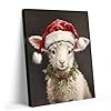 Christmas Lamb Canvas Wall Art Decor - Adorable Holiday Sheep with Santa Hat and Holly Berry Decor for Room, Bedroom, Nursery - Farmhouse Style Christmas Wall Decor, 8X10 inch Cute Seasonal Artwork #1