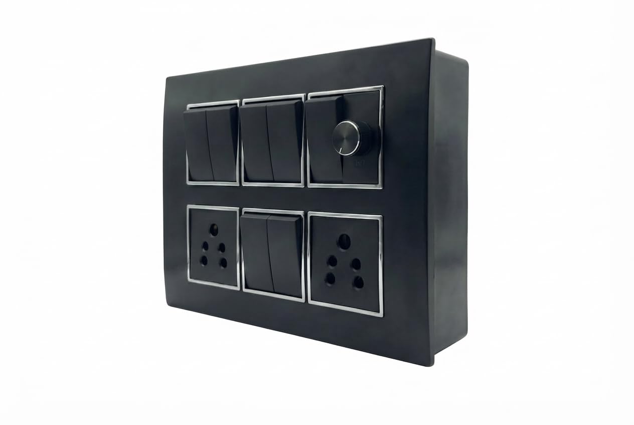Black Modular Switch Board | 7 Switch, 1 Socket, 1 Regulator Surface Mount-image-44