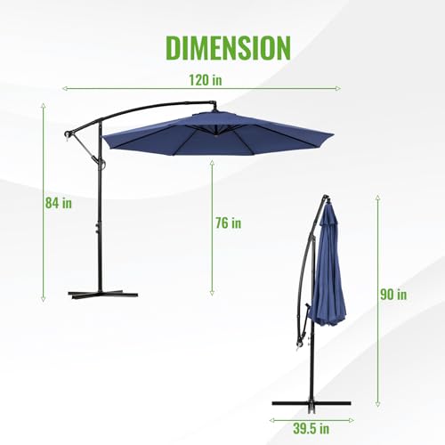 Backyard Expressions 10ft Offset Hanging Patio Umbrella with Crank Lift & Tilt, Outdoor Market Umbrella with UV-Resistant Canopy, Cross Base, and Air Vent for Backyard - Navy - Thumbnail 3