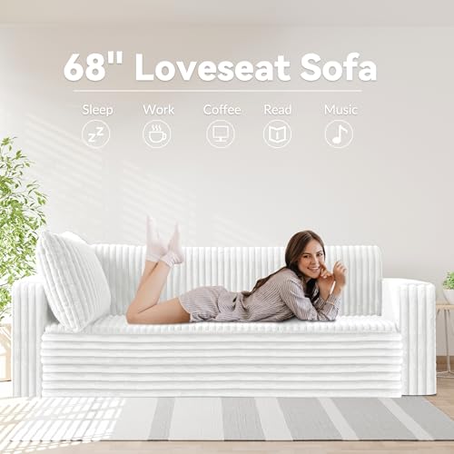 Image of HABUTWAY 68 inch Loveseat Boneless Couch, 4-in-1 Convertible Sofa Bed, Plush Fur Folding Futon Sofa Bed Couches with 2 Pillows for Living Room, High-Density Foam Support, No Assembly Required, Beige