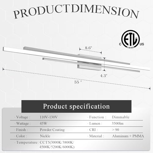 Image of 55 Inches Nickel LED Modern Bathroom Vanity Light Fixtures Dimmable 5CCT Vanity Light Bar Over Mirror 3-Light Wall Light for Bathroom Over Mirror Picture Light
