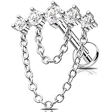 Melighting Double Chain Cartilage Earring 16G Curved Helix Earring Internally Threaded Clear Cz Stainless Steel 316L Flat Back Earring Stud For Women