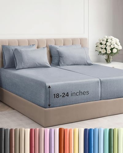 Image of Extra Deep Split King Sheet Set - 7 Piece Cooling Sheets - Heathered Blue | Hotel Luxury Bed Sheets Set, Easy & Secure Fit, Ultra-Soft, Wrinkle & Fade Free, Comfy Sheets Set with Extra Deep Pockets