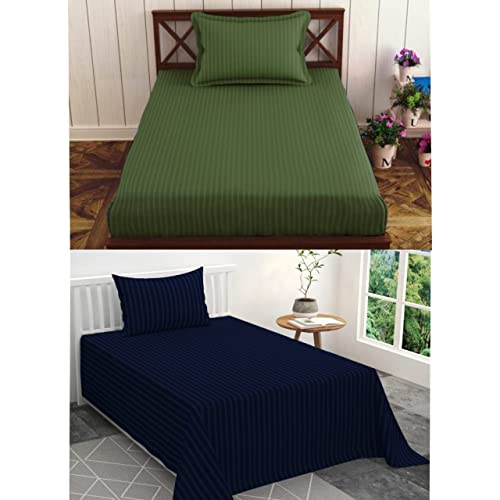 Image of Prime Collection 265 TC Combo Pack of 2 Single Sized (90x60) Satin Striped Bedsheet with 2 Pillow Cover Long Lasting Single Bedsheet for Hotel, Hospital and Home Use