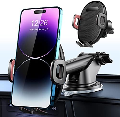 LevapMan Cell Phone Holder Car Mount Vent Clip with Extended Arm Retractable Holds All Phones up to 7”,Suction Cup Windshield Mount Stand, 360° Adjustable Car Phone Holder Car Dashboard Air Vent