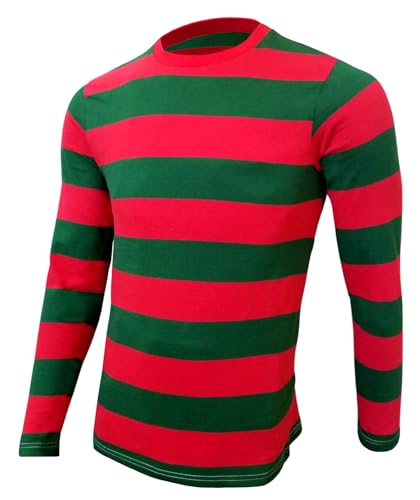 Mens Striped Crewneck Long-Sleeve Cosplay T-Shirt (US, Alpha, Small, Regular, Regular, Red and Green)