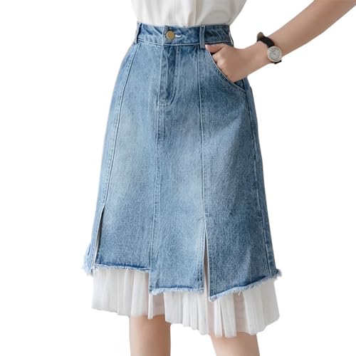 kakarin choyx Women's High Waist Vintage Denim Skirt A-Line Lace Double Layer Splicing Y2K Casual Fashion Jean Midi Skirt L Blue