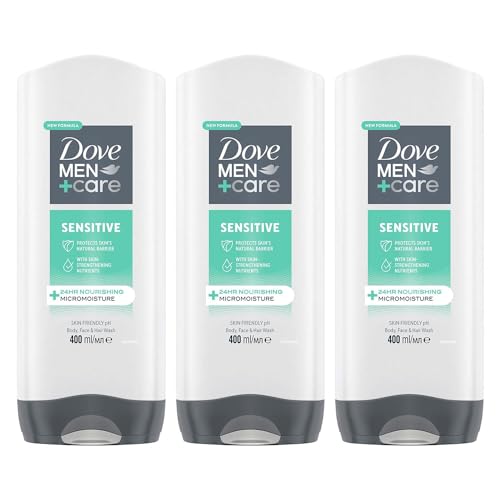 Dove Men+Care 3-in-1 Body, Face & Hair Wash Hydrating Sensitive Provides 24 Hour Nourishment with Clean and Calm Scent of Fresh Mint and Cedar Body Wash for Men, 400ml Pack of 3