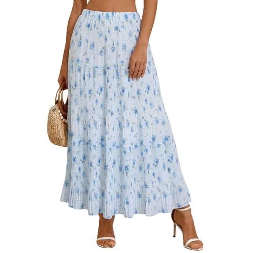 Arolina Chiffon Maxi Skirts for Women Tiered A-Line Long Skirt Flowy Casual Summer Beach Vacation Trendy 2026 Small Blue Floral