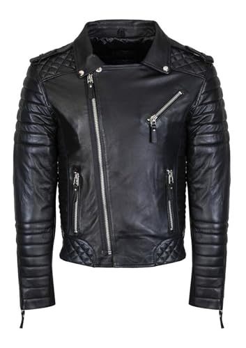Image of DECIMAL Men's Black REAL Lambskin Leather Biker Jacket VINTAGE GENUINE MOTORCYCLE JACKETS FOR MEN