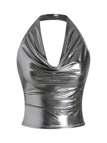 SOLY HUX Women's Halter Crop Tops Y2k Metallic Cowl Neck Open Back Concert Going Out Top Streetwear