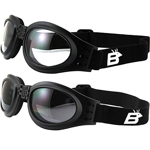 Birdz 2 Pairs of Eyewear Parrot Black Folding Padded Motorcycle Goggles Clear & Smoke Lenses for Men & Women