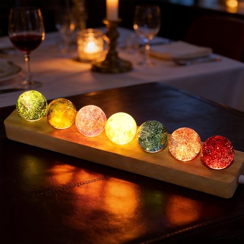 BlyeMichdi 7 Bunte Kristallkugel Nachtlicht, 40mm Glaskristallkugeln mit LED Holzsockel, Meditation Chakra Glaskugel Lampe Heilkugeln, Dekorative Bunte Leuchtkugeln Klein für Wohnzimmer Schlafzimmer
