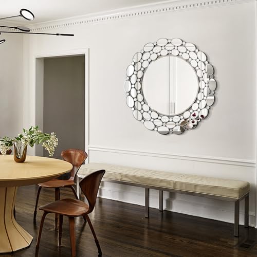 Image of 32 inch Large Round Wall Mirrors, Modern Silver Mirror for Wall Decor, Elegant Decorative Mirror for Entryway, Living Room, Bedroom, Bathroom, Dining Room