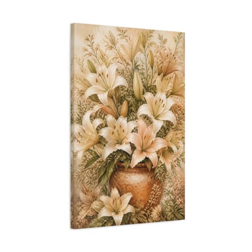 Tableau fleurs lys crème et pêche art mural sur toile 50x75 cm