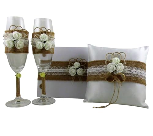Wedding set ring pillow, guest book, wedding glasses.