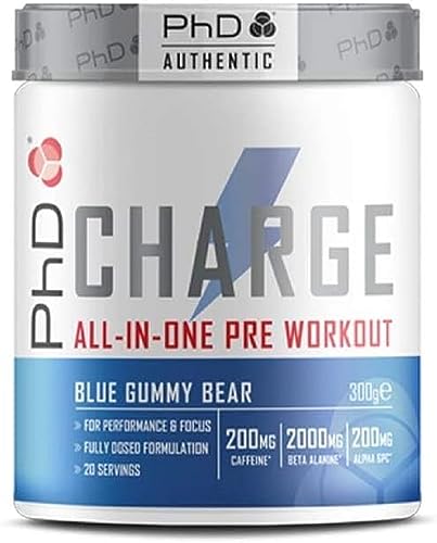 PhD Charge, All in One Pre Workout Powder with Creatine for Women and Men, Rich in Beta Alanine, High Caffeine for pre-Workout, Blue Gummy Bear Flavour, 20 Servings Per 300g Bottle
