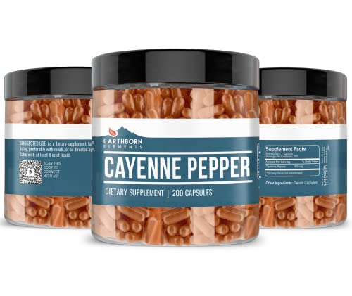 Earthborn Elements Cayenne Pepper 200 Capsules, Pure & Undiluted, No Additives #TOP1