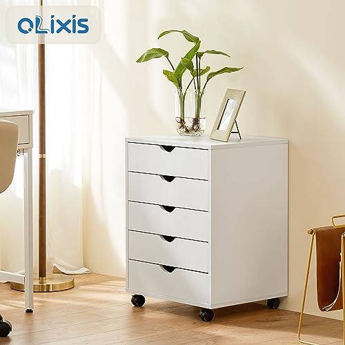 Image of OLIXIS 5 Drawer File Cabinet on Wheels, Printer Stand | Fits Under Desks, Wood Storage Organization Holds Printer, Office Supplies, Not For Hanging Files, For Home Office Use White