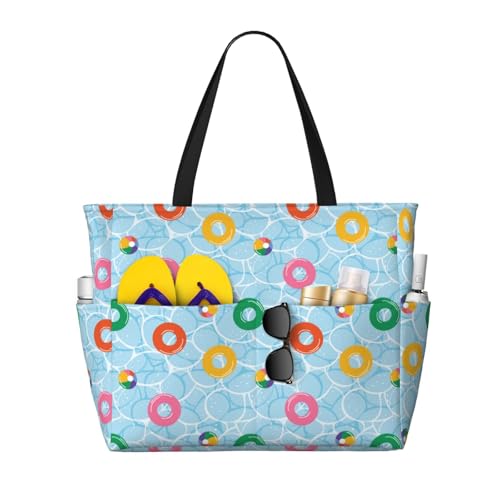 Large Beach Bags Water-resistant Sandproof - Swim rings floating Cute Beach Tote Bags for Women with Zipper