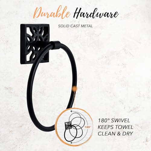 Image of Autumn Alley Matte Black Farmhouse Bathroom Set - 5-Piece Hardware Kit with Towel Ring, TP Holder, Hooks & Metal Step Trash Can with Lid for Rustic, Modern Bathroom Decor