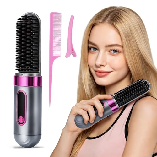 Frikmed Brosse Lissante Sans Fil Rechargeable, 4000mh Mini Brosse Chauffante Portable avec Écran LCD, 4 Températures 160-220°C, Anti-Frisottis Ionique,...