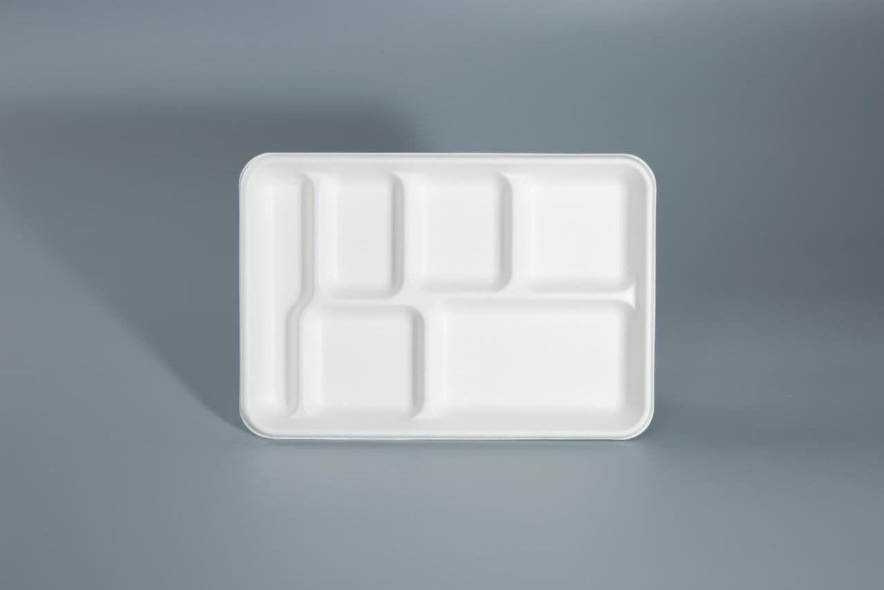 HARSHU - Platos de caña de azúcar de 6 compartimentos, paquete de 25, platos desechables ecológicos, vajilla biodegradable y compostable para fiestas, eventos y catering