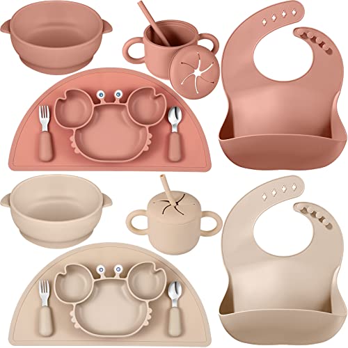 16 Pieces Baby Led Weaning Supplies, Silicone Baby Eating Supplies Set Crab Shape Divided Silicone Plate Bib Suction Bowls Snack Cups Baby Spoons Forks Silicone Placemats Toddler Feeding Utensil Set