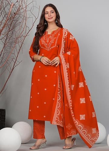 Image of Amayra Women's Pure Cotton Embroidered Straight Kurta Set with Palazzo Pants & Dupatta- Ethnic Wear