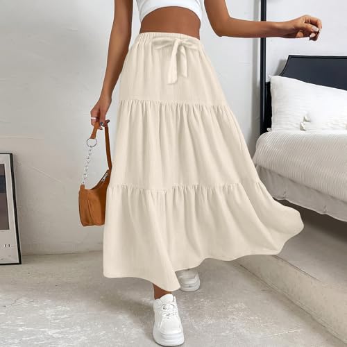 Linen Maxi Skirts for Women 2025 Bow High Waisted Aline Tiered Long Skirt Trendy Summer Vacation Boho Beach Skirt3