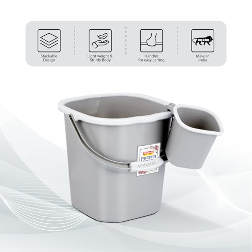 Image of RATAN PLASTICWARE Premia Bathroom Set (Bucket 5L X 1) + (Bucket 25L X 1) + (Mug 1.5L X 1) + (Small Stool X 1) - Diaso Grey|Easy to Carry | Perfect for Use in Bathrooms, Kitchen & Wet Utility Areas