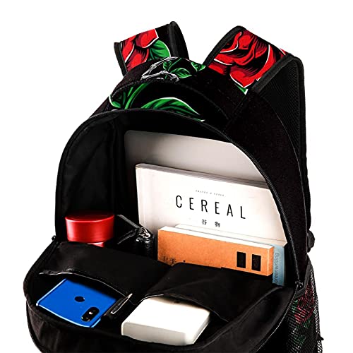 Skeleton Hand Holding Red Rose School Backpack Medium Size, Travel Bag For Women Girls Men Boys Teens4