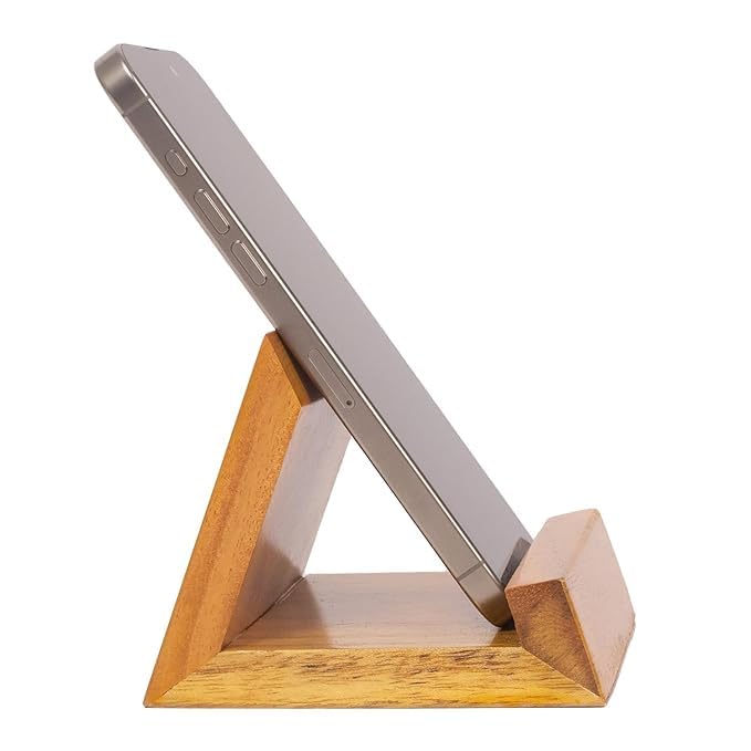Image of Amazon Brand - Solimo Wooden Table Mount Mobile Stand | Multi-Angle Phone & Tablet Holder for Desk, Bedside, Office | Solid Wood Mobile & Tablet Stand for Home, Office, Online Classes (Natural Finish)