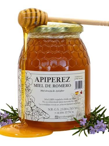 APIPEREZ Miel Cruda de Romero 1kg – Miel Monofloral Natural, Digestiva y Antibacteriana – Miel Clara de Sabor Suave – Recolectada en Calblanque y Sierras de Cartagena