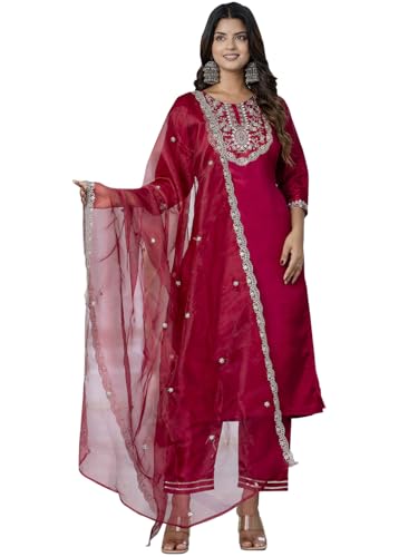 Image of VredeVogel Women's Silk Blend Embroidered Kurta with Pant & Dupatta Set