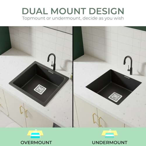 Image of BASINQU Quartz Sink for Kitchen | 18x16x9 Inches Black Single Bowl Kitchen Sink | Granite UV Protected, Granite Scratch Resistant, Undermount /Topmount