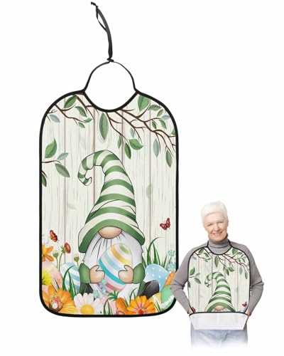 Easter Adult Bib for Adults Men, Women, Eucalyptus Leaves Gnomes Easter Egg Woodgrain Washable & Adjustable Terry Cloth Bib with Crumb Catcher Reusable Waterproof Clothing Clothes Protector Apron