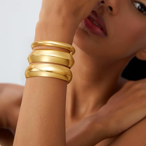 Rcidan Chunky Gold Bangle Bracelets for Women, Dainty 14K Gold Plated Big Stackable Bangles Set, Trendy Cuff Bracelet Stack Fashion Jewelry Gifts — view 5