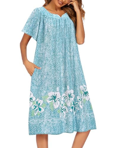 Image of Ekouaer Womens Nightgown Short Sleeve House Dress with Pockets-Floral Print Mumu Dress